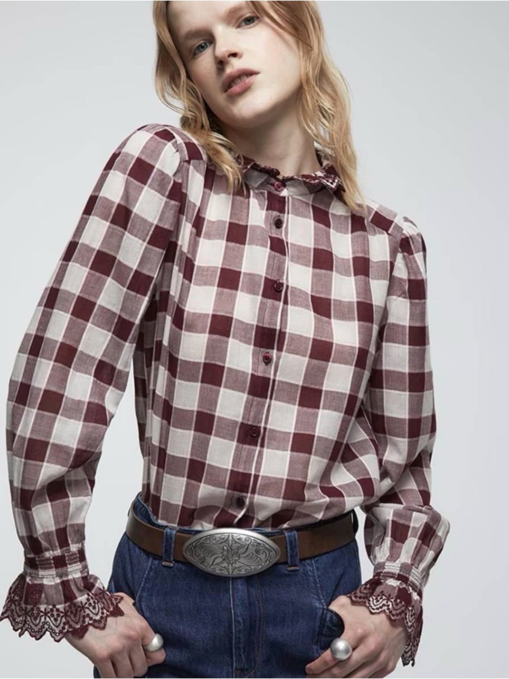 Checked Ruffle-Collar Button-Down Shirt in Burgundy and Cream